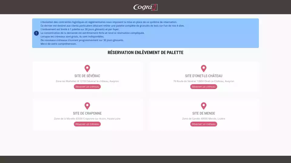 Outil de réservation de palette pour Cogra